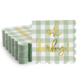 100 Pcs Sage Green Baby Shower Napkin Plaid Cocktail Napkins Folded 5 x 5 Inches Disposable Paper Gold Foil “Oh Baby" Printed Napkins for Birthday Party Celebrations