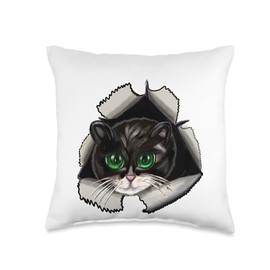 ArtOnMyTee black woman art Peekaboo-Cute Funny Stowaway Kitten in Hole Cats Throw Pillow, 16x16, Multicolor