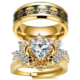 Couple Rings Matching Rings Gold Plated Wings Skull Ring 1.5ct AAA CZ Womens Wedding Ring Sets Punk Ring