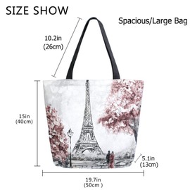 Naanle Womens Extra Large Street View Of Paris Painting Eiffel Tower Canvas Reusable Market Beach Travel Gym Shopping Shoulder Tote Bag