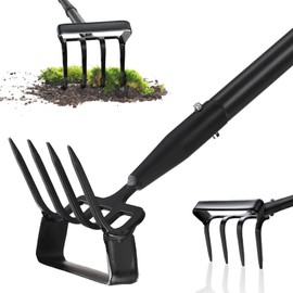Stirrup Hoe, Heavy Duty Hula Hoe with 32-72" Adjustable Long Handle, 2 in 1 Action Hoe with Cultivator Rake, Scuffle Hoe, Hula Hoe Garden Tool for Weeding Grass, Loosening Soil, Sharp Blade, Black