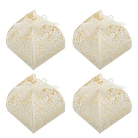 PATIKIL 2.4"x2.4"x3.1" Favor Boxes with Ribbon, 25 Pack Paper Laser Cut Candy Boxes Hollow Gift Box for Wedding Bridal Shower Birthday Party Anniversary, Beige