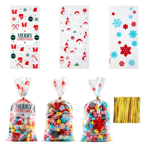 Yoption 150 PCS Christmas Cellophane Snack Bags with Snowflake Santa Claus Snowman Patterns for Christmas Party Supplies