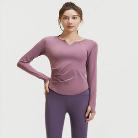 4-Color Women's V-Neck Shirred Long Sleeve Yoga Pilates Top Long Sleeve Top Olive Green/XL
