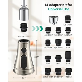 Mbillion Universal Brushed Nickel Kitchen Faucet Sprayer Head Replacement – 3-Function Pull-Down Nozzle with 14 Adapters – Fits Moen, Delta, Kohler, WEWE & American Standard