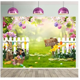 Spring Easter Backdrop Easter Photo Decorations Background Rabbit Colorful Eggs Fence Grass Wall Decor Photography Background 7x5ft