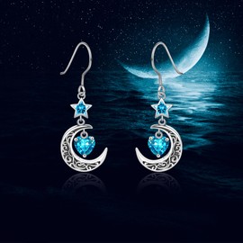 Shysnow Moon Birthstone Earrings for Women 925 Sterling Silver Half Moon Star Dangle Drop Earrings with Heart Crystal Birthday Jewelry for Women, Sterling Silver, Cubic Zirconia