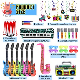 32Pcs Inflatable Instruments Accessories Set,Neon Inflatable Party Prop Inflatable Guitar Microphones Piano Drum Boom Box Saxophone Hanging Swirls,Inflatable Rock Star Toy 80s for Party Kids Adults