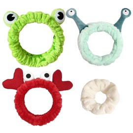 Pack of 3 Face Wash Headbands with 1 Hair Band, Makeup and Skin Care Headbands, Spa Headbands, Snail Frog Crab Flannel Headbands, Suitable for Girls and Women