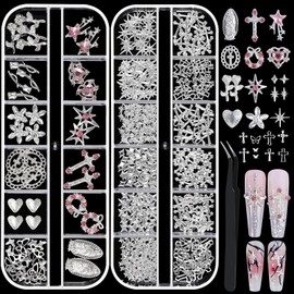 2 Boxes Silver Nail Art Charms, 3D Flower Butterfly Cross Nail Gems and Charms for Nails Design Flatback Metallic Heart Star Nail Jewelry Rhinestones Nail Supplies with Tweezers for Women DIY Craft