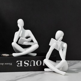 SIETIOJI 2 Pieces Home Decor White Reading Thinker Statue Modern Figurines Abstract Aesthetic Sculpture Thinker Resin Statue Set for Home Decoration Living Room