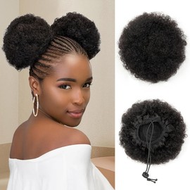 ISHEENY Ponytail Extension Human Hair Black Messy Bun Hair Piece For Girl, Women Large Afro Puff Hair Bun 1 Pcs Short Afro Kinkys Curly Afro Bun Drawstring Hairpieces Updo Hair Extensions