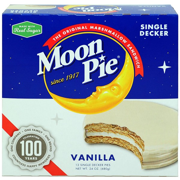 MoonPie Single Decker Vanilla Marshmallow Sandwich - 2oz, 12Count Box (Pack of 8 Boxes, 96Count Total) | Vanilla Covered Graham Cracker & Marshmallow Pie