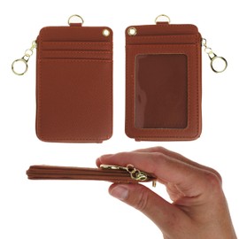 Mondo Designs 2-in-1 ID Badge Holder & Lanyard Wallet - Multi-Use Womens Small Wallet with Removable Wristlet & Neck Lanyard, Clear Window, 5 Card Slots, Phone Holder, Ring Keychain - Brown