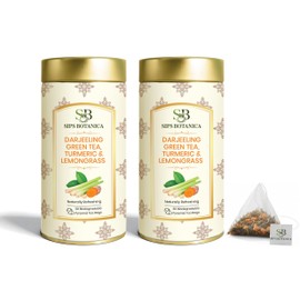 SIPS BOTANICA Darjeeling Green Tea Bags with Turmeric and Lemongrass | 60 Teabags Packed in 2 Tins | Premium Quality Full Leaf Green Tea | Plant-Based, Biodegradable Pyramid Tea Bags