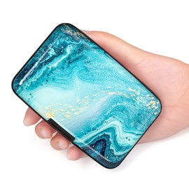 Hsxnam Credit Card Holder Wallet, RFID Blocking Credit Card Case Aluminum Metal Cute Business Card Holder Pocket ID Case for Women Men, Blue Ocean Marble
