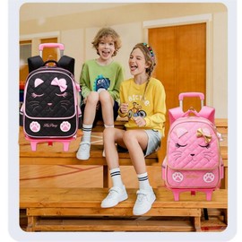 Cute Rolling Backpack for Girls Trolley School Bags Cat-face Bowknot Girls Backpacks with Wheels Kids Carry-on Travel Luggage Pink-6 Wheels