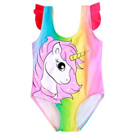 CHUNG Girls Cute Print Dino Adjustable Bathing Suits Ruffle Striped Rainbow Swimsuits Swimwear One Piece Bikini,Unicorn-4-5Y(110)