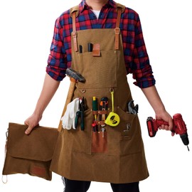PIPIZ Woodworking Apron for Men, 16oz Waxed Canvas Apron with Pockets, Adjustable Cross Back Straps - Suitable for Workshop Mechanics, Technicians, Carpenters, Blacksmiths, and Gardeners.