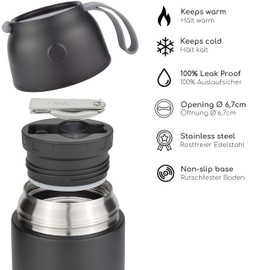 Milu® Thermo Food Flask - 300, 440, 450, 650, 800ml - Stainless Steel Insulated Container - Lunchbox - Jar with Spoon for hot and Cold Food (Black, 650ml)
