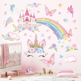 FUFUQUARE Rainbow Unicorn Wall Stickers Colorful Cute Castle Butterfly Flowers Peel and Stick Wall Decals for Girls Bedroom Nursery Living Room