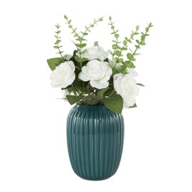 Deco 79 Fabric Artificial Flower with Green Leaves and Round Ceramic Vase, 10" x 10" x 17", White