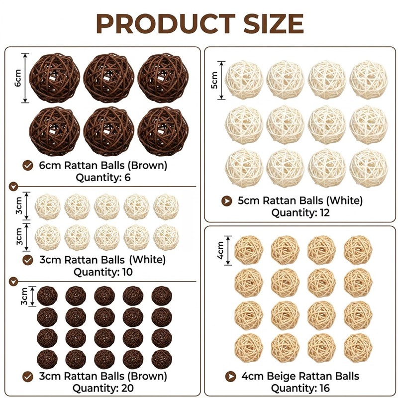 Rattan Balls 64 Pcs Decorative Balls with Natural Woven Texture,