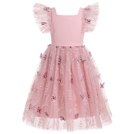 IDOPIP Butterfly Flower Girl Dress for Kids Baby Wedding Party First Communion Dresses Toddler Princess Pageant Formal Birthday Gown Ruffle Backless Bowknot Tulle Dress Dusty Pink Butterfly 5-6 Years