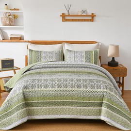 WONGS BEDDING Boho Quilt Set Queen Size, Sage Green Bohemian 3 Pieces Quilt Sets, Lightweight Bedspread Coverlet Bedding Set for All Season (96"x90")