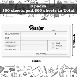 Ioffersuper 6 pcs Receipt Book,6 x 2.8 Inch, Carbon Duplicate Copies Receipt Book, Money/Rent Receipt Book, Cute Handheld Duplicate Copy Order Form for Craft Boutique Business (50 Sets per Book)