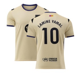 DMDMK Barca #10 Yamal 2025/2026 Away Jersey Shorts and Socks Children and Youth Size (Cream, 26 (8-9 J))