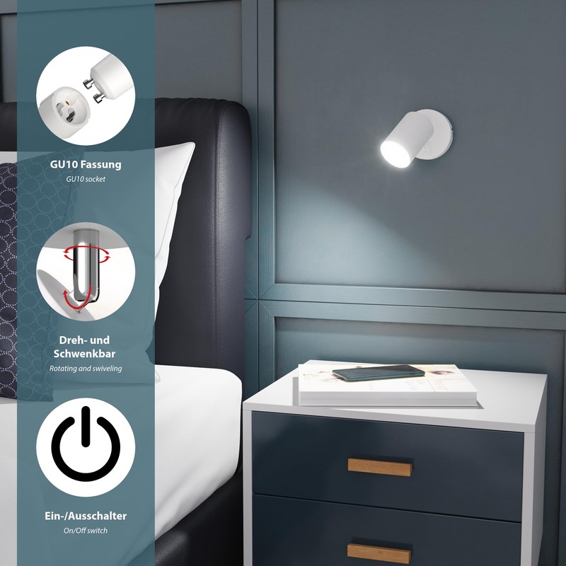 ledscom.de Wall spot WAIKA, Single-lamp, with Switch, GU10, White matt,