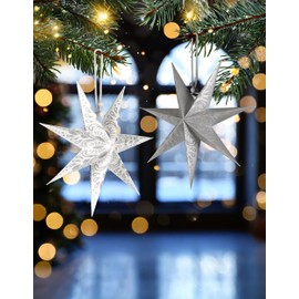 BRUBAKER 6 Paper Stars Christmas - Christmas Star Decoration Set - 20 cm Folding Stars Silver White - Large Tree Decoration Paper Stars - Christmas Tree Decoration - Christmas Tree and Window