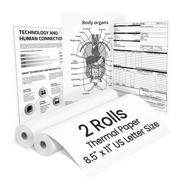 Thermal Paper 8.5" x 11" US Letter Size, 2 Rolls