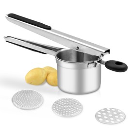 BSDLZCH Heavy-Duty Potato Masher with 3 Interchangeable Cutter Plates, Food-Grade Stainless Steel Potato Masher for Fluffy Mashed Potatoes, Vegetable and Fruit Masher (Silver)