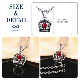 INFINIONLY Mens Womens Stainless Steel Crown Necklace Pendant: Fashion Crown Pendant with Red Zirconia for Teenager - Creative Necklaces with 55cm Chain - Novelty Jewellery