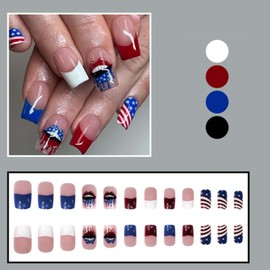 YoYoee Short Square False Nails Independence Day Nails Tips French Press on Nails Full Cover Cute Fake Nails for Women and Girls 24PCS