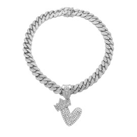 CBC Crown Mens Hip Hop Silver King Crown Alphabet Initial Bubble Letter Pendant 18"/20" Box Lock Miami Cuban Chain Necklace (Silver 18" V)