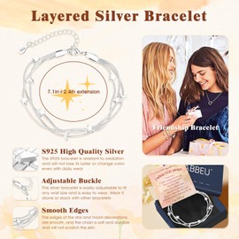 PABBEU 925 Sterling Silver Bracelet Stars Silver Bracelets for Women Adjustable Friendship Bracelet Layered Charm Bracelets for Womens