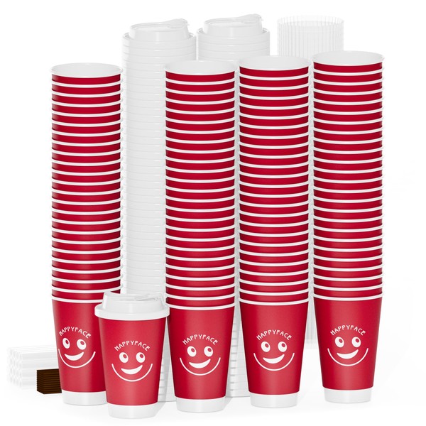 HAPPYFACE 100 Pack, 16 oz Disposable Coffee Cups, Double Wall
