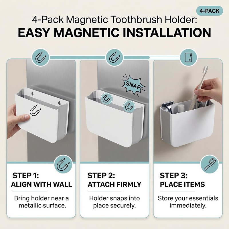 4Pcs-Magnetic Toothbrush Holder,Cruise Bathroom Organizer – Foldable, Wall Mounted, No