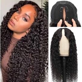 V Part Wig Water Wave Human Hair No Leave Out Upgrade Wigs Human Hair Wig Curly Wigs for Black Women V Part Wigs No Sew In No Glue 180% Density Natural Color 18 Inch