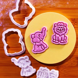 BAKERLOGY Mini Baby Lion and Elephant Cookie Cutter and Stamp Set (2") – Cute Safari Animal Embosser for Jungle-Themed Bakes, Fondant Tool for Baby Shower and Kids’ Party Treats