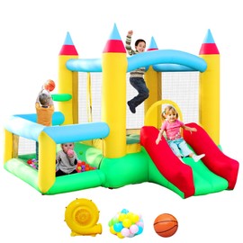 WELLFUNTIME Inflatable Bounce House with Slide, Jumping Castle with Blower and Ball Pool, Basketball Game
