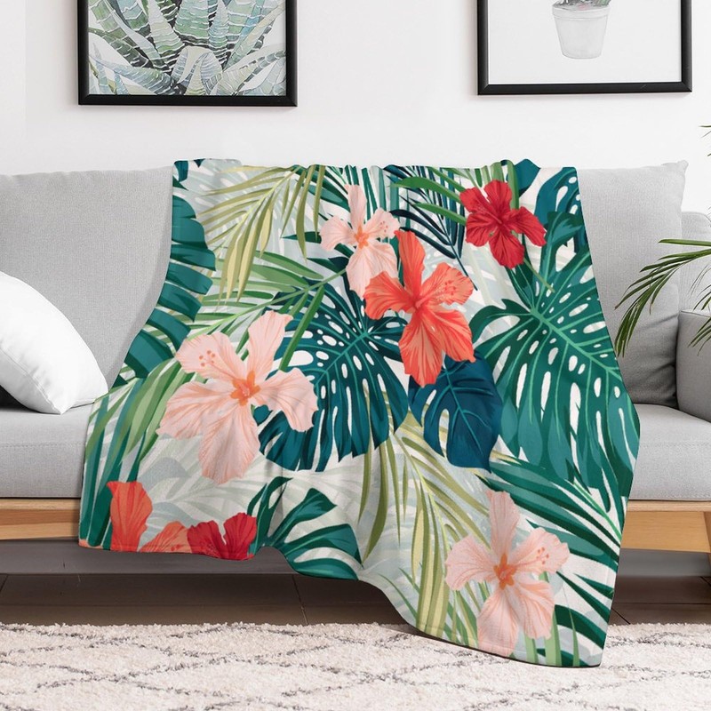 Tropical Throw Blanket Green Palm Leaves Pink Flowers Pattern Soft