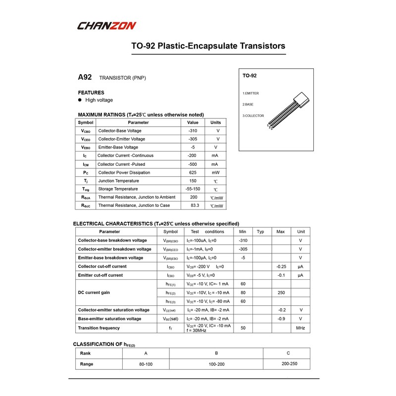 Chanzon 100pcs MPSA92 TO-92 PNP Transistor -200mA