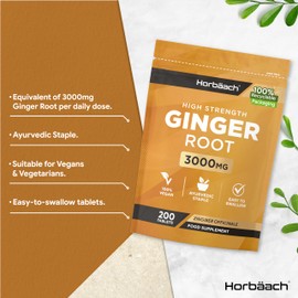 Ingwer Tabletten 3000mg | Ingwerwurzel extrakt | 200 Vegane Stück | Ginger Root | 1000mg Zingiber Officinale pro Stück | von Horbaach