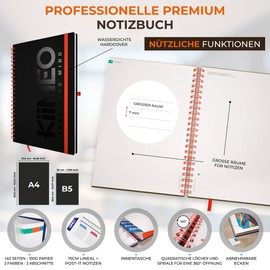 KIIMEO - The First Professional and Thematic Notebook - Innovative Premium Journal - Tips & Articles for Time Management - 140 Pages + 1 Erasable Page - Pen Included