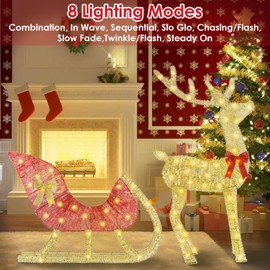 Lighted Christmas Reindeer & Sleigh, 2D Reindeer Sleigh Christmas Decorations with 8 Lighting Modes, Reindeer and Sleigh Set for Indoor Outdoor