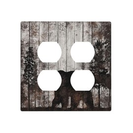 Rustic Bear Wood Board Country 2 Gang Duplex Light Switch Cover Outlet Covers Wall Plate Decorative Electrical Receptacle Faceplate for Kitchen Living Room Home Decor